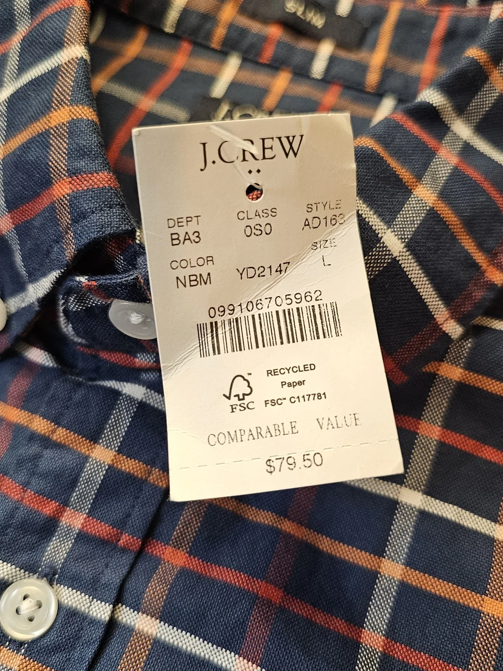 J.Crew Flex Oxford Slim Plaid Button Down Shirt Blue Orange NWT Size L